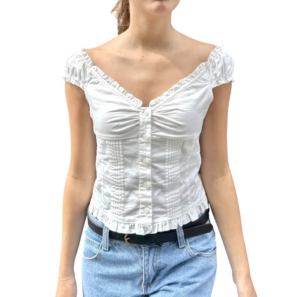 Brandy Melville XS/S White V-Neck Pintuck Ruffle Milkmaid Cottage Elena Top